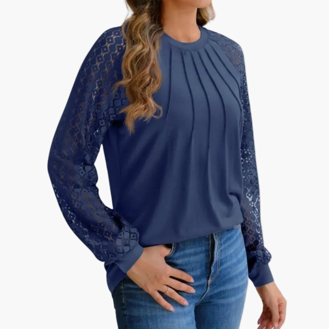 Damen Bluse mit Spitzenärmeln und Falten-Design – Elegante Smart Casual Oberteil für Büro & Freizeit