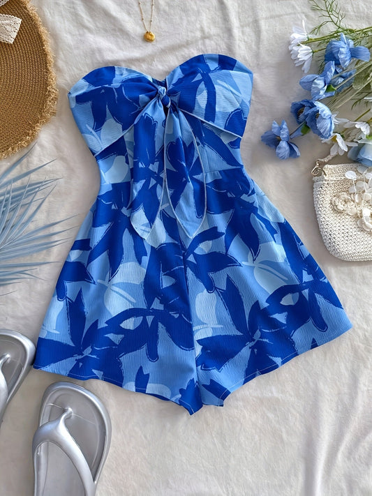Damen Bandeau-Jumpsuit mit Blumenmuster und Schleifendetail – Eleganter Einteiler für Urlaub und Sommer-Outfits