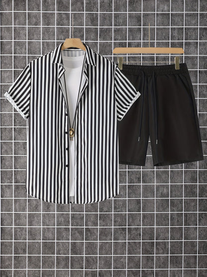 Herren Freizeit Set – Gestreiftes Hemd mit Shorts, Moderner Sommer-Look