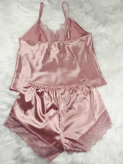 Damen Satin Pyjama Set mit Spitze – Verführerischer Schlafanzug für stilvolle Nächte