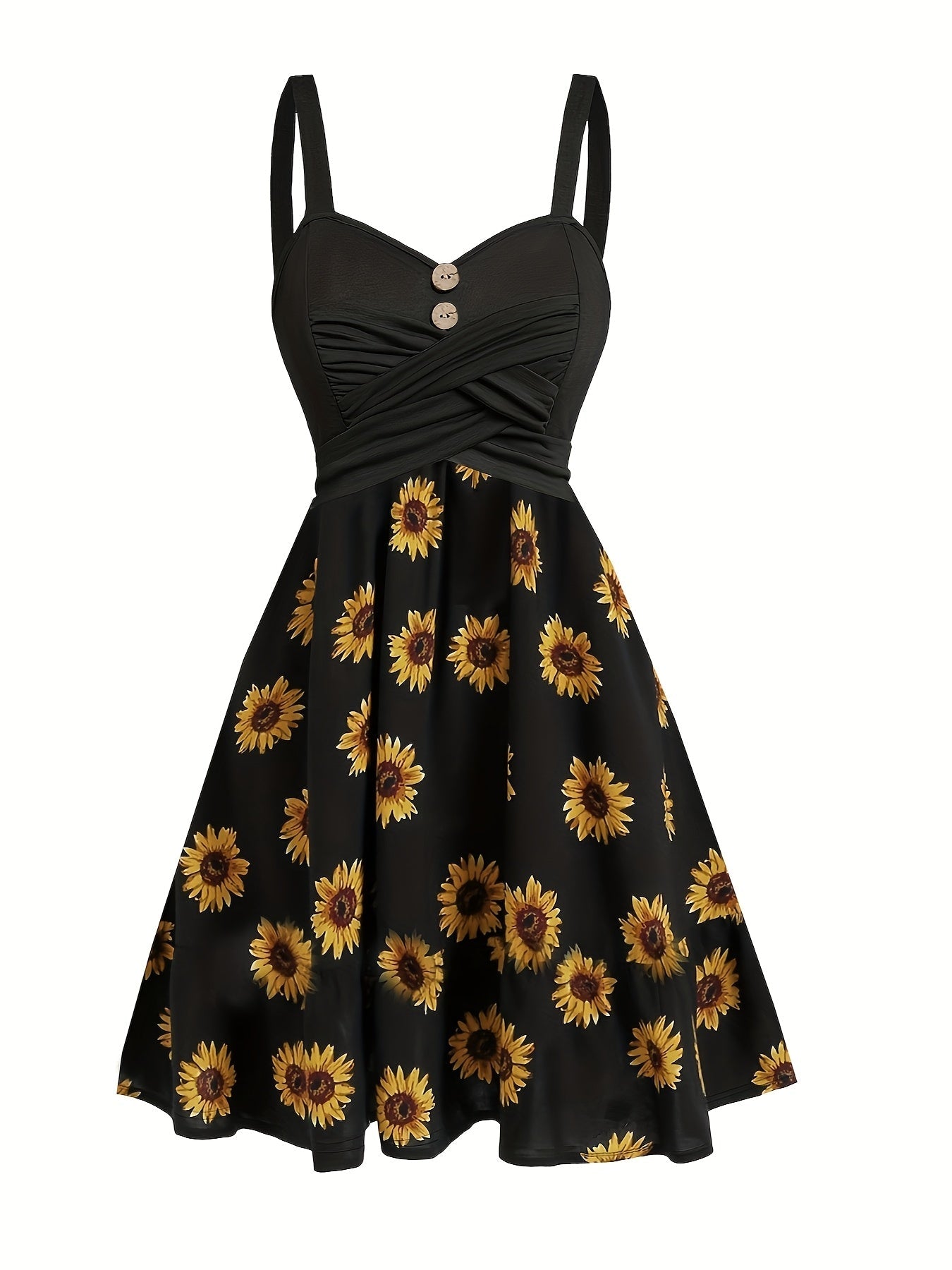 Damen Vintage Sonnenblumen Sommerkleid mit Knopfdetail und Trägern – Perfekt für Freizeit & Urlaub