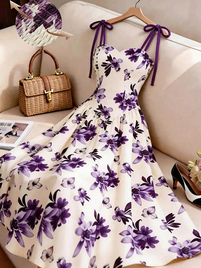 Damen Midikleid mit Blumenmuster und Schleifen-Trägern – Elegantes A-Linienkleid für besondere Anlässe
