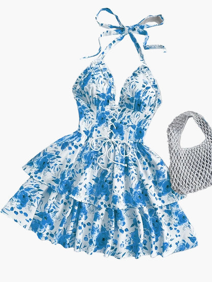 Damen Mini Kleid mit Rosenmuster und Volants – Elegantes Halterneck Sommerkleid für romantische Anlässe