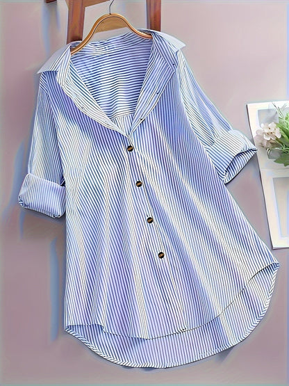 Damen Longbluse mit Streifenmuster und Knopfleiste – Modisches Hemd für Business und Freizeit