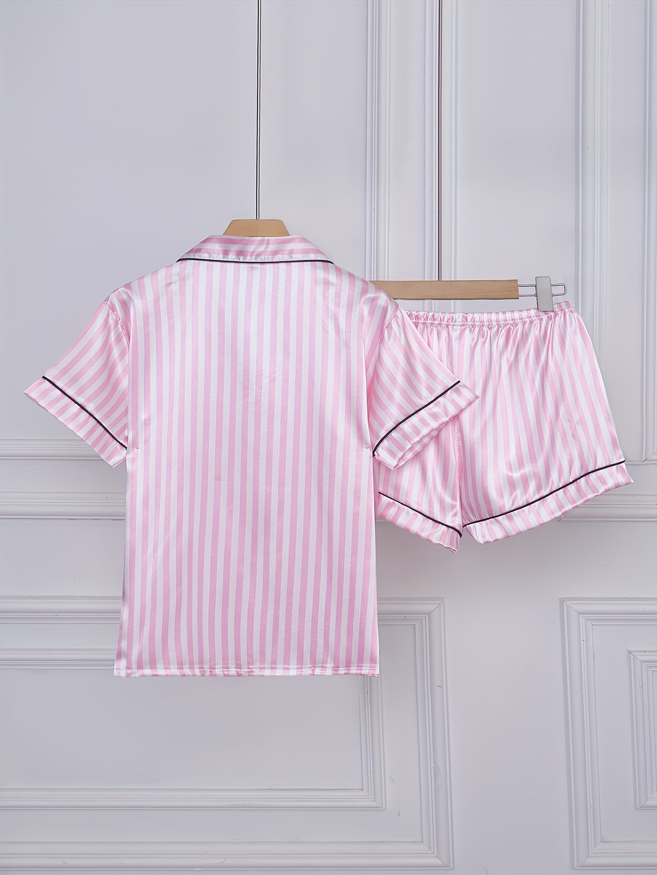 Damen Satin Pyjama Set mit Streifen, Kurzarm, Klassischer Schlafanzug für Frühling und Sommer