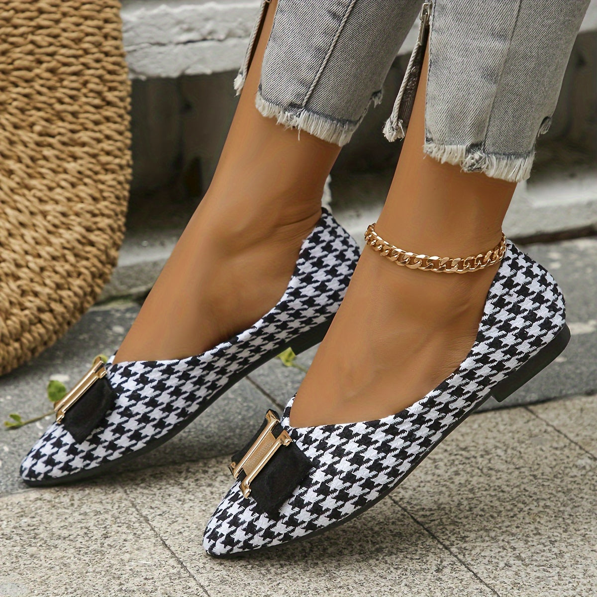 Damen Ballerinas mit Hahnentritt-Muster und Schleifendetail – Elegante Flats für Alltag und Büro