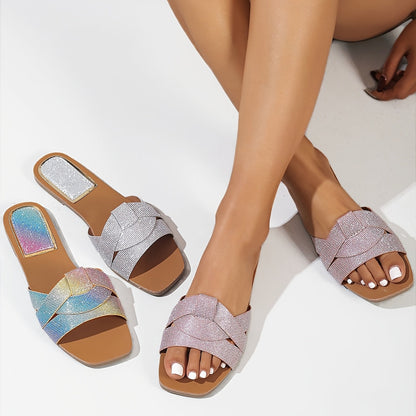Damen Slip-On Sandalen mit Flecht-Design und schimmerndem Look – Elegante Sommerschuhe für Alltag und Freizeit