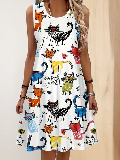 Damen Freizeitkleid mit buntem Katzen-Print – Verspieltes Sommerkleid für Katzenliebhaberinnen