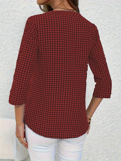 Damen Casual Karo Bluse mit Knopfleiste und 3/4-Ärmeln – Perfekt für Alltag & Freizeit