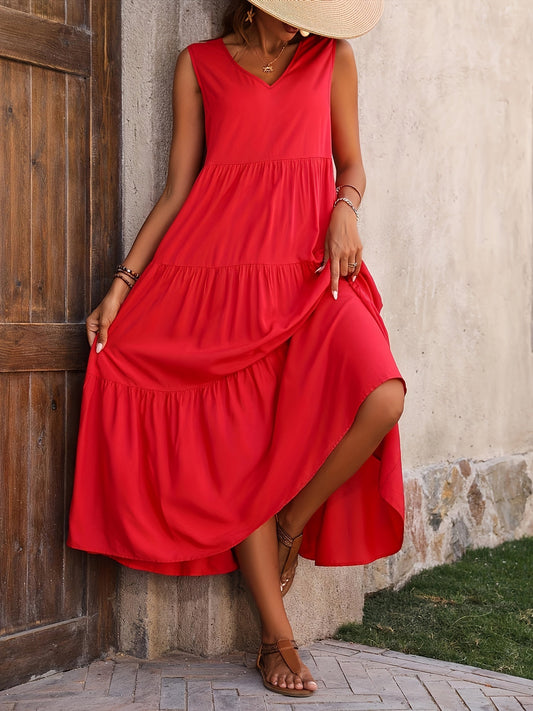 Damen Maxikleid Sommer Boho Elegant Ärmellos Freizeit V-Ausschnitt