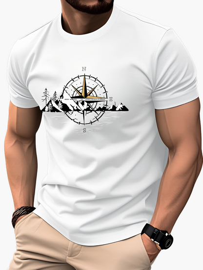 Herren T-Shirt mit Kompass- und Bergmotiv – Outdoor Abenteuer Stil