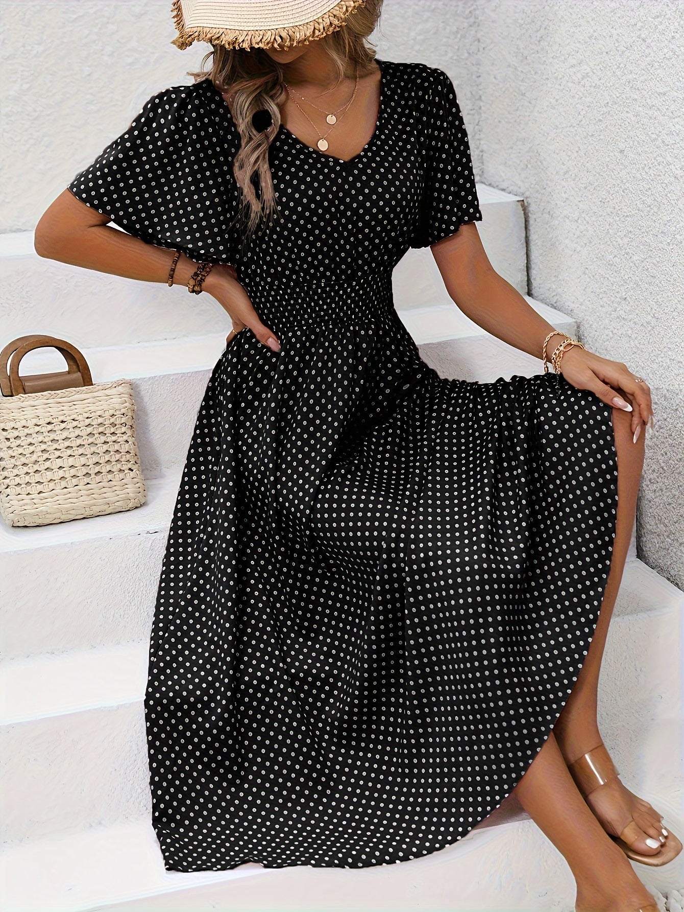 Damen Sommerkleid mit Punkten, V-Ausschnitt, elegant und luftig für Alltag & Urlaub
