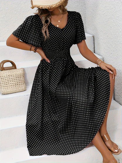 Damen Sommerkleid mit Punkten, V-Ausschnitt, elegant und luftig für Alltag & Urlaub