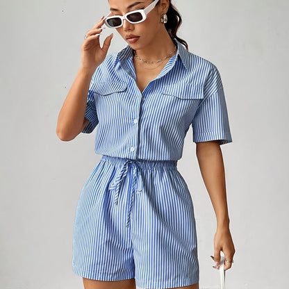Damen Einteiler Kurzarm Jumpsuit mit Streifen und Kordelzug – Eleganter Freizeit-Look