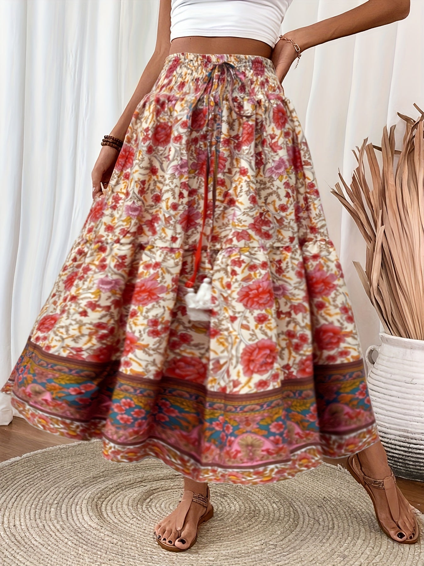 Damen Boho Maxirock mit Blumenmuster und Kordelzug – Sommer Freizeitrock für Strand und Alltag