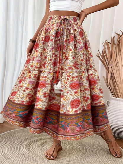 Damen Boho Maxirock mit Blumenmuster und Kordelzug – Sommer Freizeitrock für Strand und Alltag