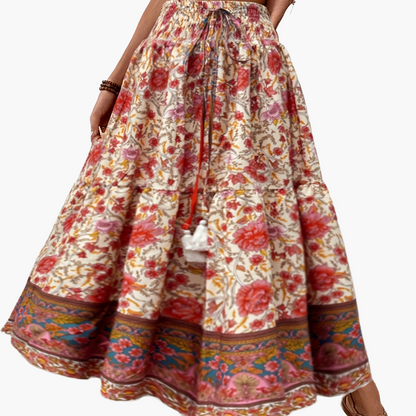Damen Boho Maxirock mit Blumenmuster und Kordelzug – Sommer Freizeitrock für Strand und Alltag