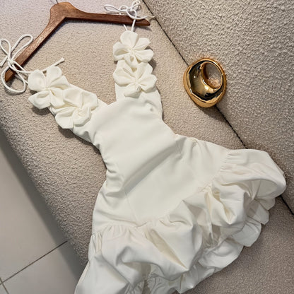 Damen Elegantes Minikleid mit Blumenapplikationen und Rüschenrock – Festlich & Feminin