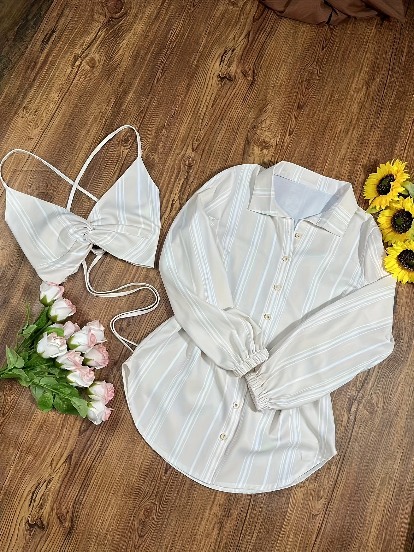 Damen Set – Modisches Streifen-Crop-Top, Hemd und Jeansrock für Freizeit und Sommer