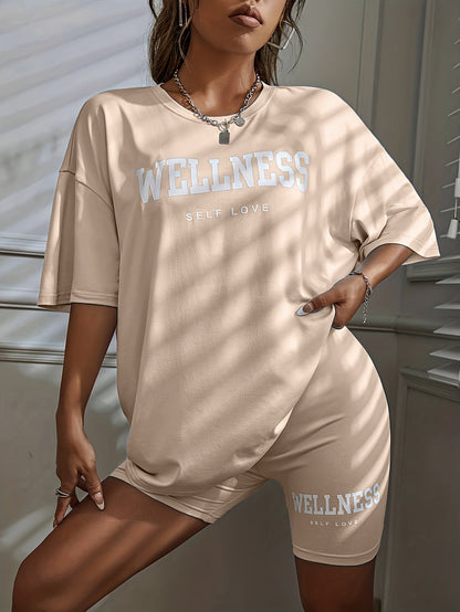 Damen Wellness Lounge Set Oversize T-Shirt & Radlerhose – Entspanntes Freizeit-Outfit mit Motivdruck