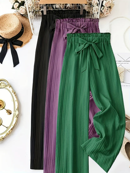 Damen Elegante Plissee-Hose mit Schleife – Weites Bein, Komfortbund, Lässig & Schick für Alltag und Büro