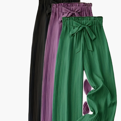 Damen Elegante Plissee-Hose mit Schleife – Weites Bein, Komfortbund, Lässig & Schick für Alltag und Büro