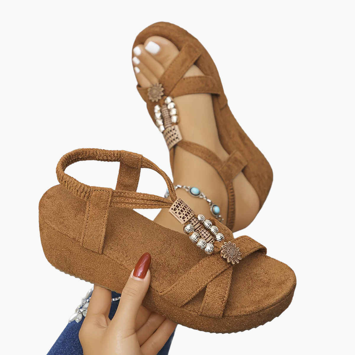 Damen Plateau-Sandalen mit Schmucksteinen und Vintage-Stil – Bequeme Sommerschuhe für Freizeit und Urlaub