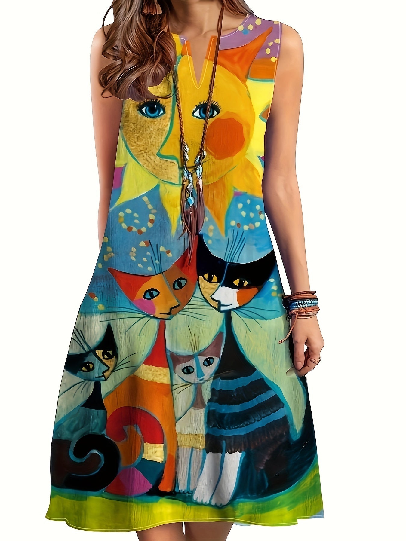 Damen Kleid mit Katzen und Sonne – Künstlerisches Vintage Freizeitkleid, ärmellos, locker, für Frühling und Sommer