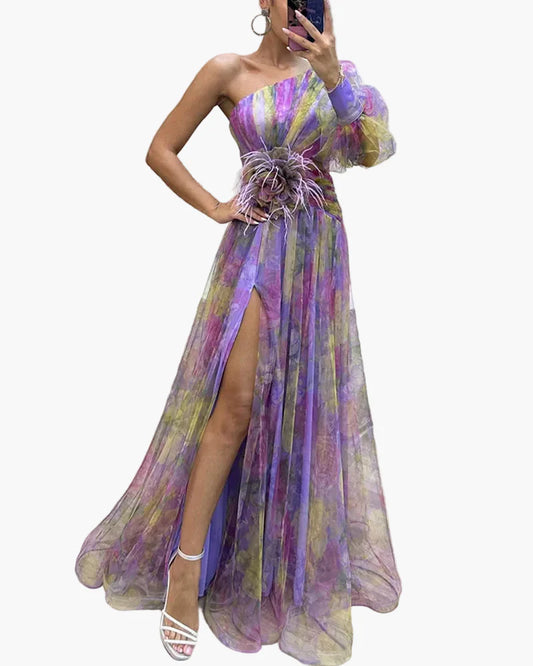 Damen Abendkleid mit One-Shoulder-Design und Blumenapplikation – Elegantes Maxikleid für besondere Anlässe