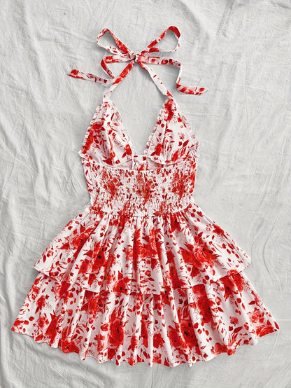 Damen Mini Kleid mit Rosenmuster und Volants – Elegantes Halterneck Sommerkleid für romantische Anlässe