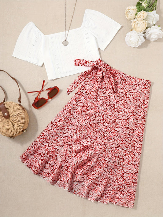 Damen Zweiteiler Set – Romantische Bluse mit Blumen Wickelrock im femininen Stil für Freizeit und Ausflüge