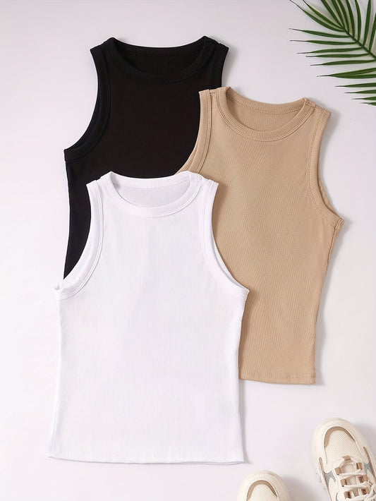 Damen Basic Tanktop 3er-Pack – Sportlich, Freizeit, Ärmellos, Bequemer Stretch