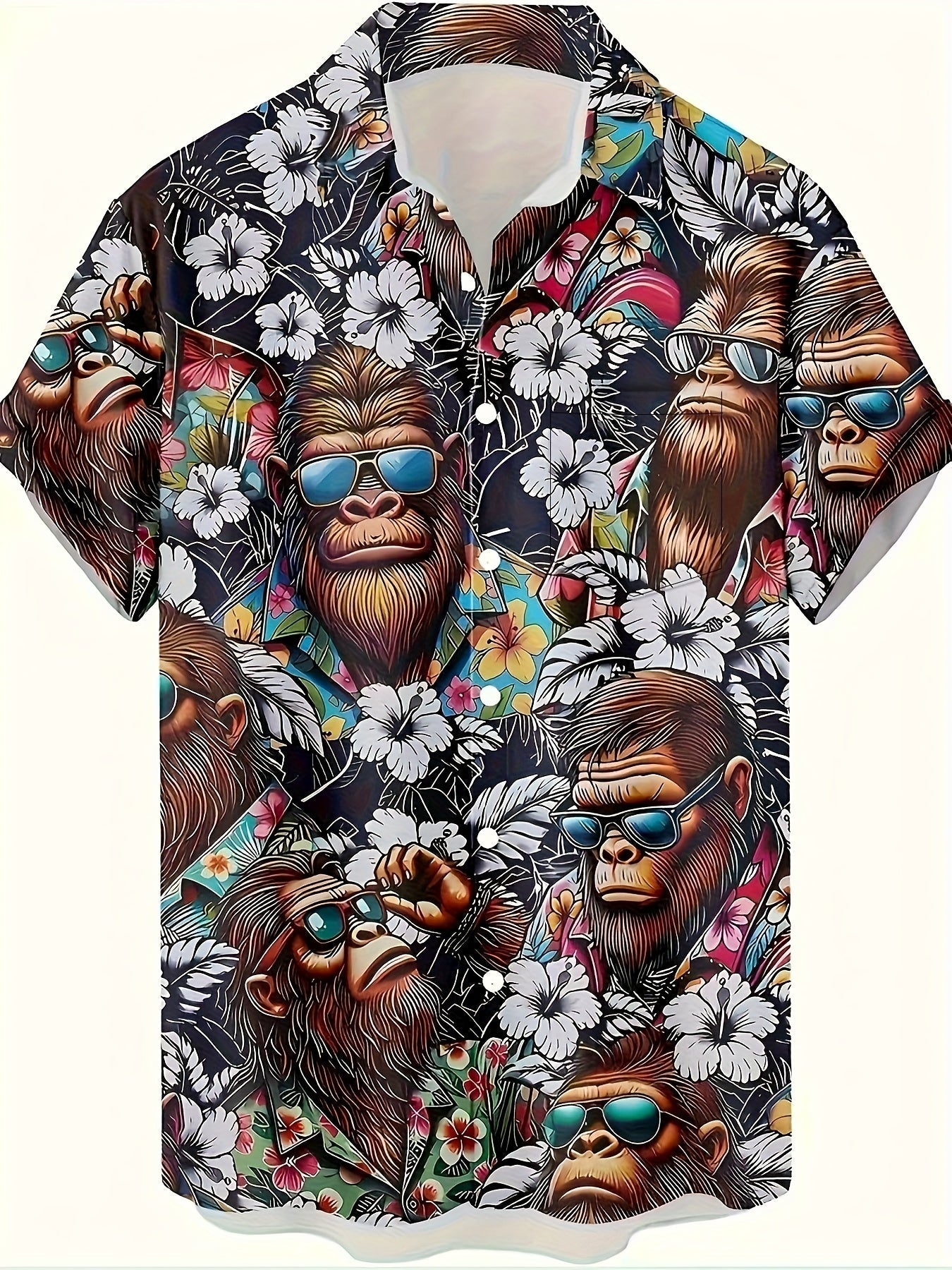 Herren Hawaiihemd mit Gorillamotiv und tropischem Blumenmuster – Lustiges Sommer Freizeithemd