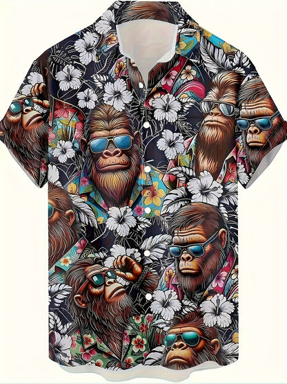 Herren Hawaiihemd mit Gorillamotiv und tropischem Blumenmuster – Lustiges Sommer Freizeithemd