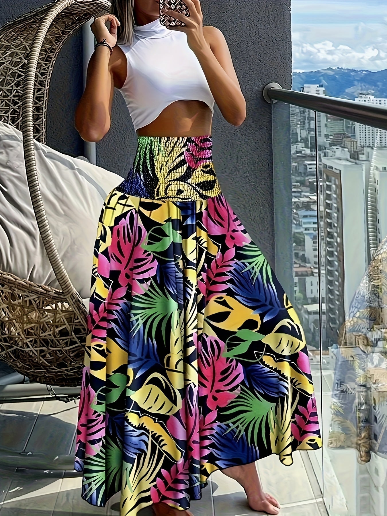 Damen Maxirock Boho-Stil mit tropischem Muster – Perfekt für Sommer, Urlaub & Freizeit