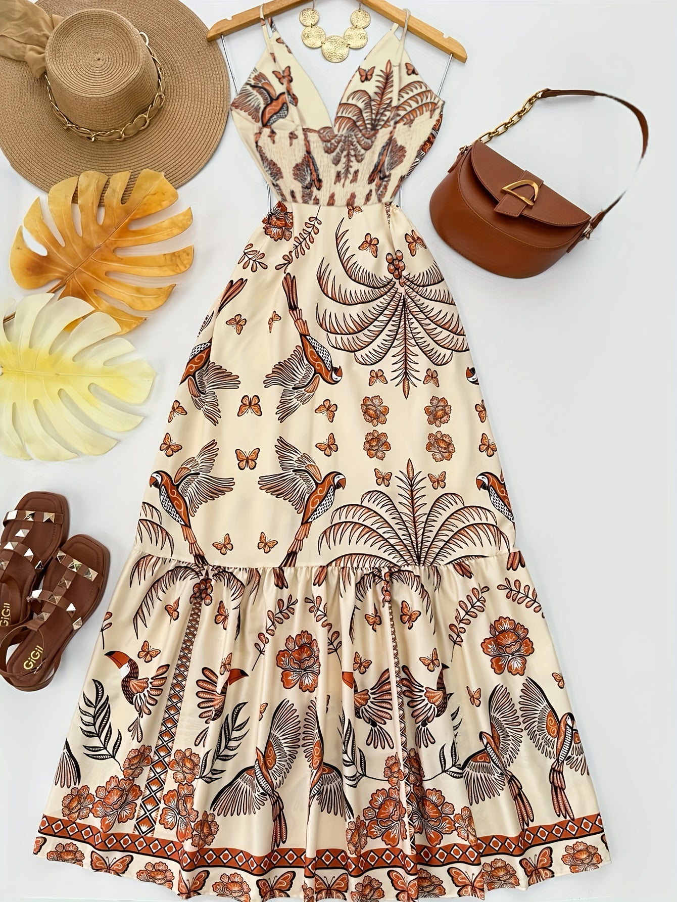Damen Maxikleid Boho-Style mit tropischem Print und V-Ausschnitt – Perfekt für Urlaub und Sommerfeste
