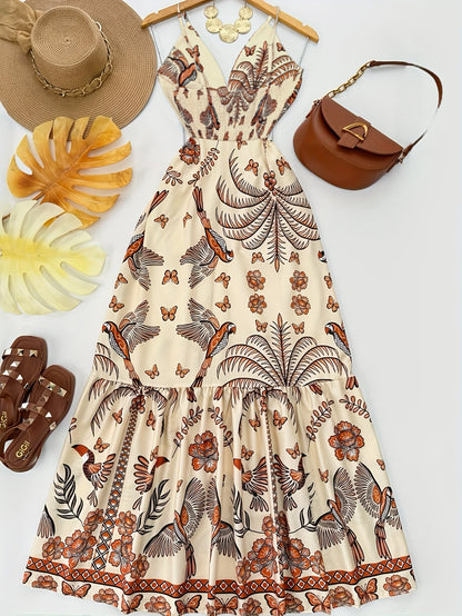 Damen Maxikleid Boho-Style mit tropischem Print und V-Ausschnitt – Perfekt für Urlaub und Sommerfeste