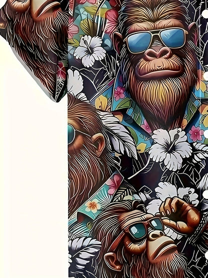 Herren Hawaiihemd mit Gorillamotiv und tropischem Blumenmuster – Lustiges Sommer Freizeithemd