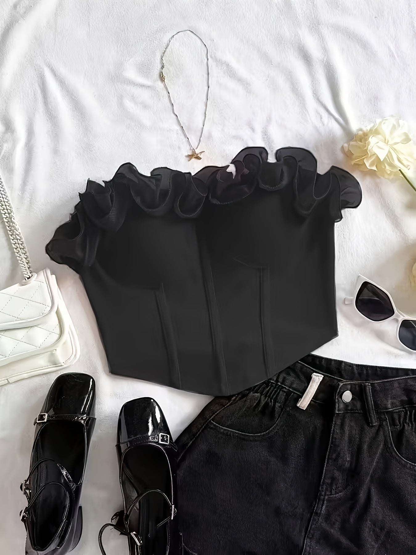 Damen Bustier Top mit Volantkragen – Elegantes, Schulterfreies Corsagen-Oberteil für Party & Ausgehen