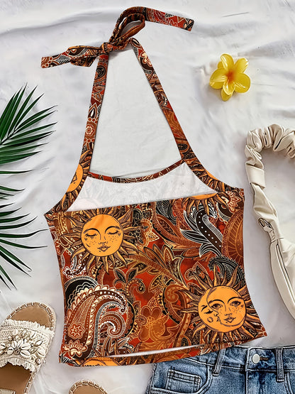 Damen Vintage Halterneck Top mit Sonne-Mond-Muster – Boho Festival Sommer Oberteil