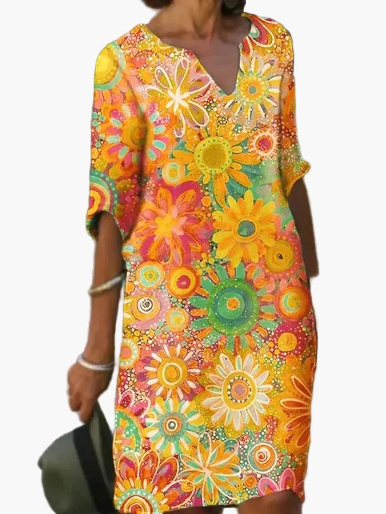 Damen Sommerkleid mit V-Ausschnitt und geblümtem Retro-Print – Lässiges Blumenkleid für Alltag & Freizeit