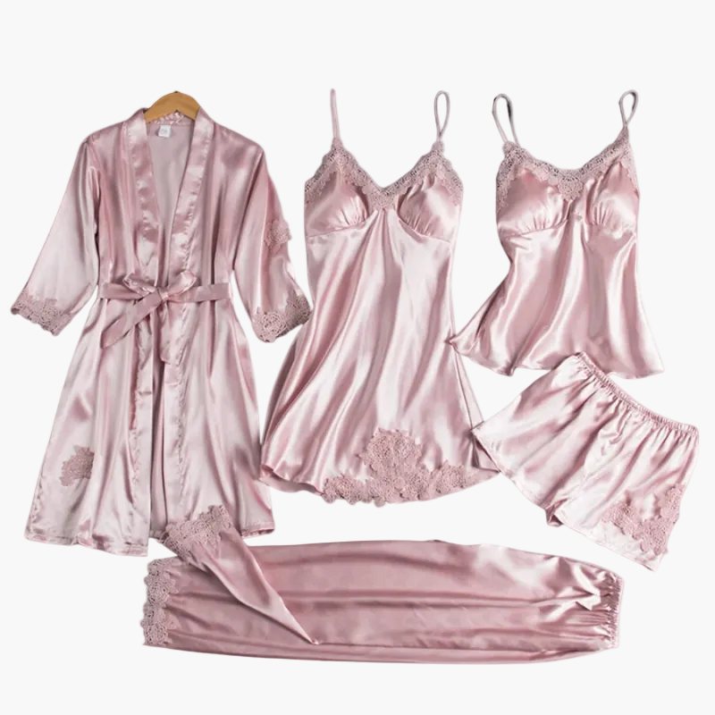Damen Luxus Nachtwäsche Set – 5-teiliges Satin Schlafanzug Set mit Kimono, Nachthemd, Top, Shorts und Hose – Eleganter Stil für Zuhause und besondere Anlässe