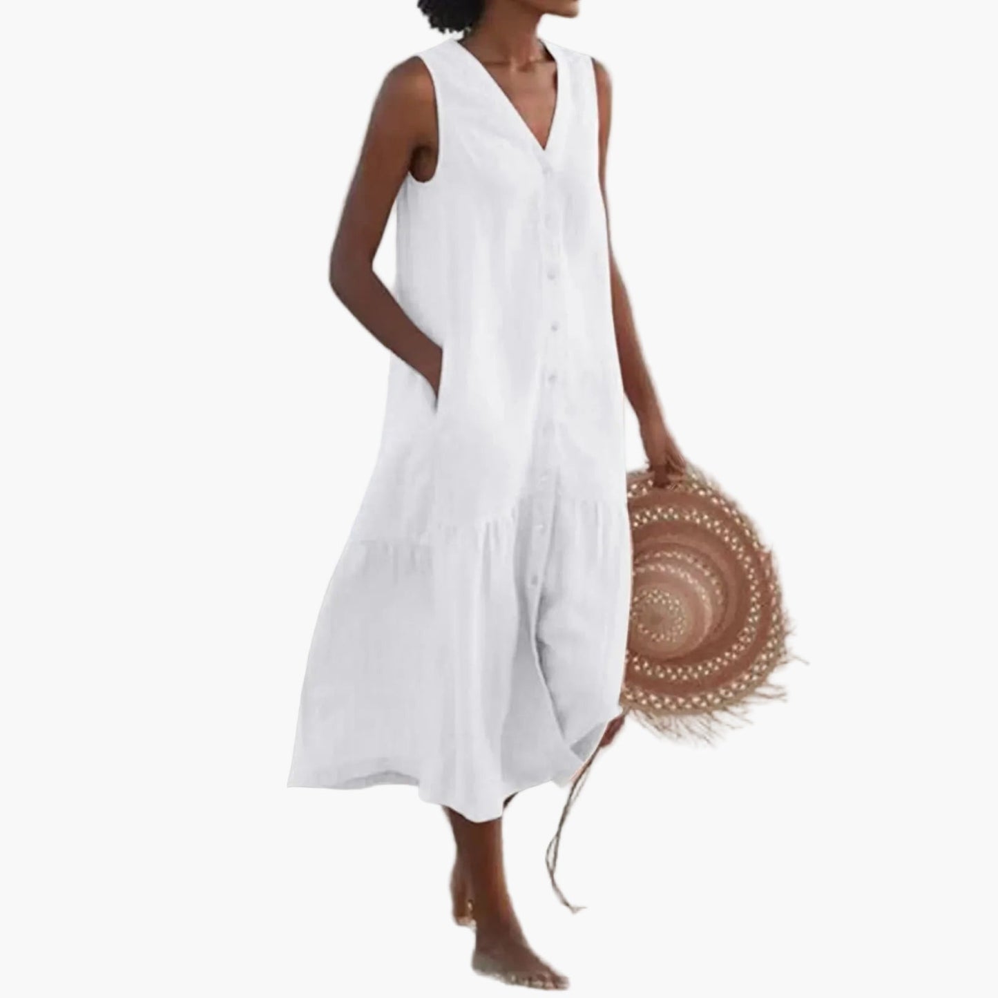 Damen Sommer Midikleid ärmellos V-Ausschnitt Strandkleid Freizeitkleid