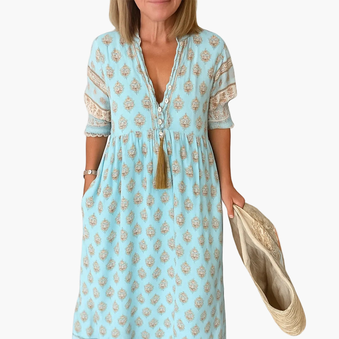 Damen Boho Midi Kleid mit Print und Quasten, Sommer Freizeitkleid, Lockerer Schnitt