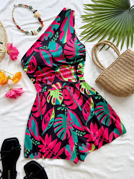 Damen Ein-Schulter Jumpsuit mit Tropenprint – Modischer Sommer Overall für Freizeit und Urlaub