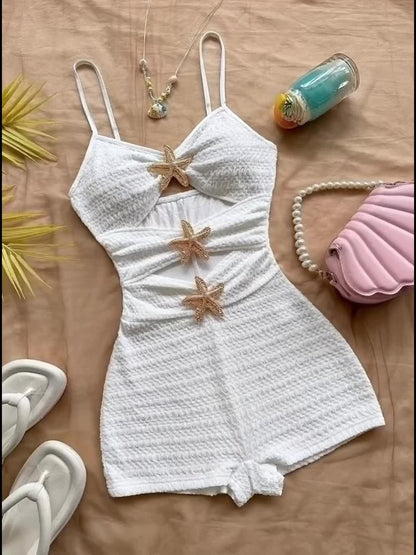 Damen Jumpsuit mit Seestern-Details und Cut-Outs – Perfekt für Urlaub und Strand