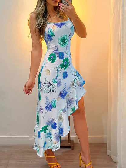 Damen Asymmetrisches Midi-Kleid mit Blumenmuster und Rüschen – Eleganter Look für Feste & Feiern