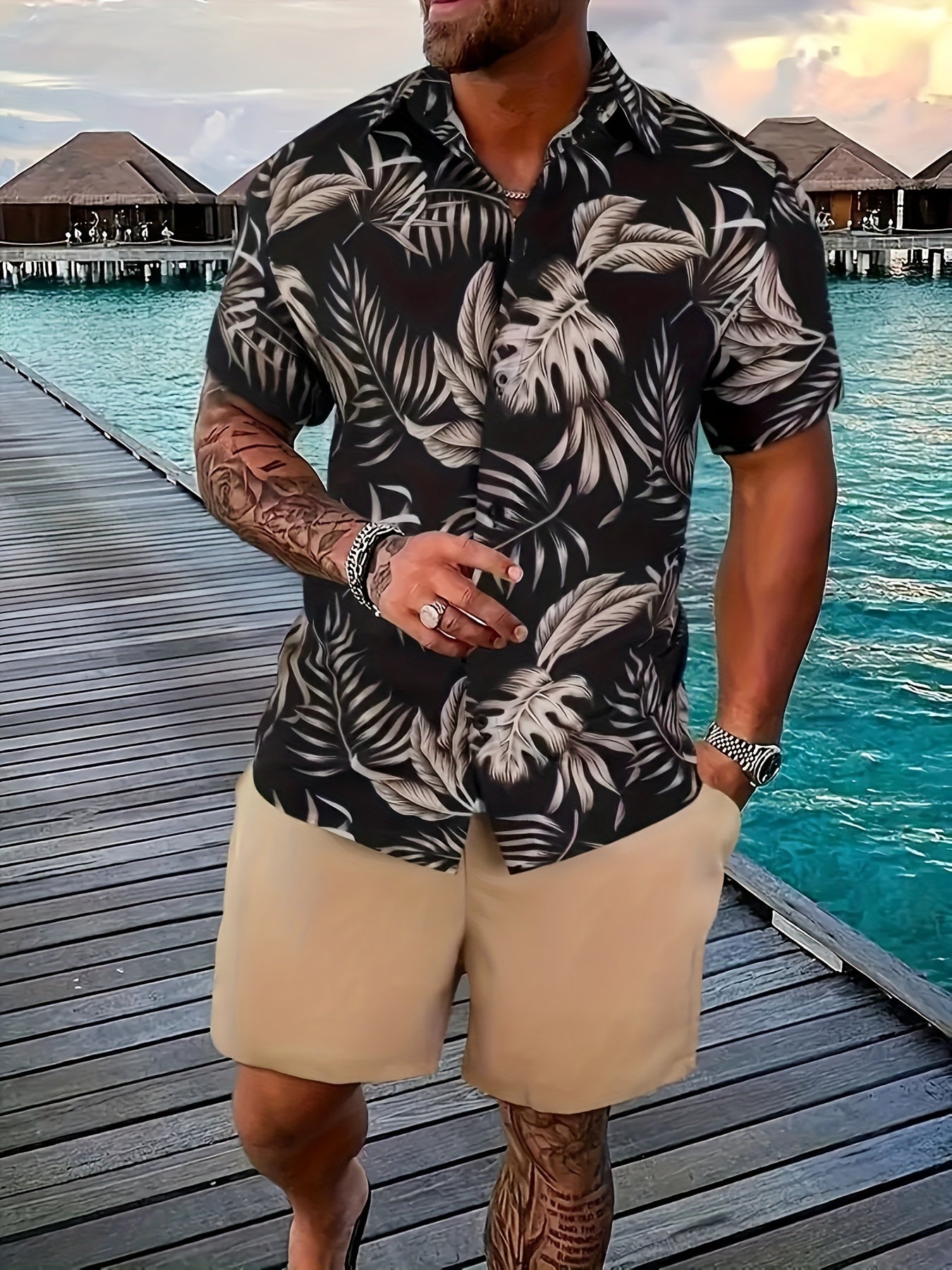 Herren Sommer Set – Kurzarm Hemd mit tropischem Print und Shorts, Freizeit Outfit für Urlaub & Strand