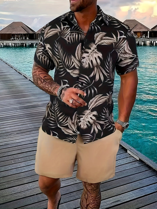 Herren Sommer Set – Kurzarm Hemd mit tropischem Print und Shorts, Freizeit Outfit für Urlaub & Strand