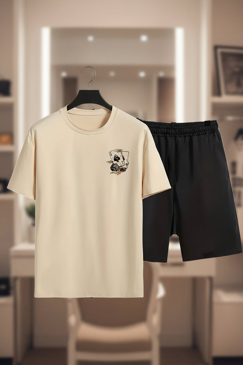 Herren Freizeit T-Shirt & Shorts Set mit Spielkarten-Print – Lässiges Sommer-Outfit für Alltag & Zuhause